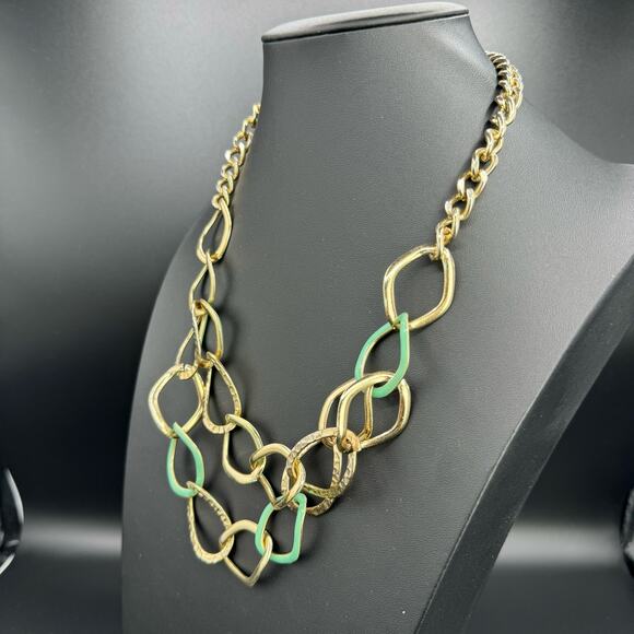 Women Hammered Texture Gold Tone Double Strand Curb Chain Statement Necklace - Picture 2 of 5